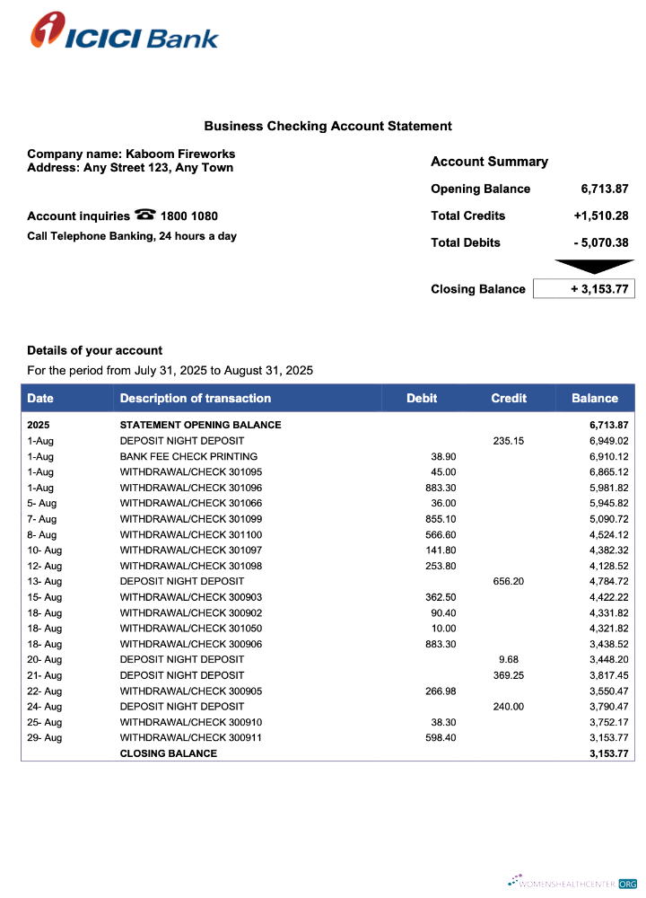 Download Pakistan ICICI firm account statement Word and PDF template Photoshop template